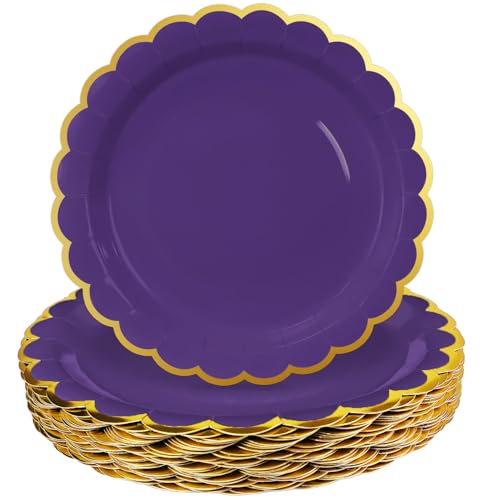 Image of HEIPINIUYE 50 Pieces Purple Paper Plates with Gold Foil 9 Inch Disposable Purple Scalloped Dinner Plates for Wedding Baby Shower Birthday Party Dessert Plate
