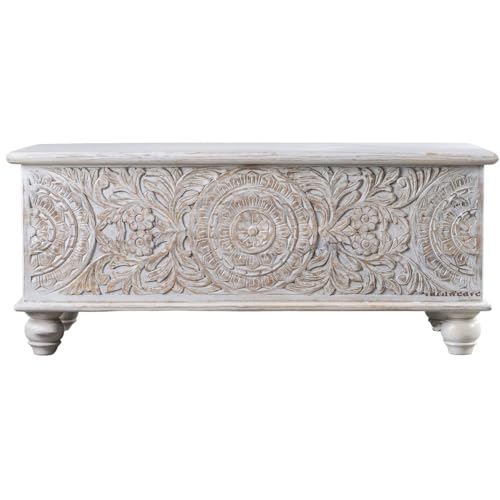 Image of Natura Solid Wood Coffee Table for Living Room Wooden Trunk Box for Storage | Handcrafted Center Table for Living Room with Sandook Storage | Pitara for Home and Bedroom (White Distress)
