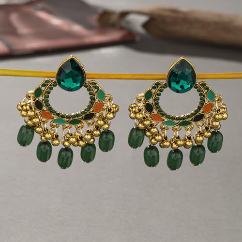Bollywood Chandelier Statement Tassel Dangle Earrings Antique Gold Enamel Bohemian Rhinestone Beaded Jhumka Drop Dangling Stud Lightweight Vintage Indian Jewelry Holiday Gifts for Women Girls4