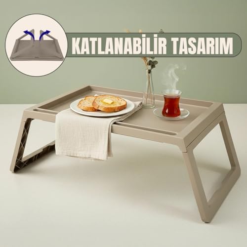 Deconox Katlanabilir Yatak Üstü Laptop Sehpası ve Kahvaltı Masası - Tablet ve Telefon Standlı Çok Amaçlı Portatif Çalışma Sehpası (56x36x26 cm) (TOPRAK) - Görsel 3