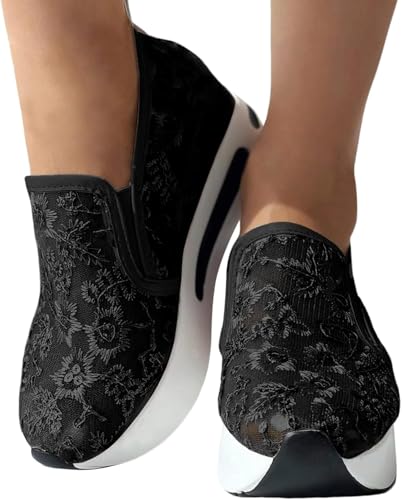 Floral Embroidery Sandals for Women 2025 Dressy Comfortable Embroidery Wide Width Platform Wedge Breathable Sheer Mesh Lace Sneakers with Arch Support Slip On Walking Work Shoes2