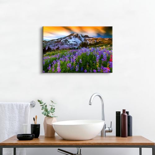 Image of Nature Flowers Landscape Wall Art Mountain Canvas Artwork Purple Floral Picture Wall Decor, Modern Wilderness Scenic Framed Painting for Living Room Bedroom Bathroom Office Home Decoration 16x24 inch