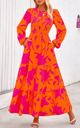 Image of PRETTYGARDEN Women's Fall Dresses 2026 Long Sleeve Flowy Casual Floral Maxi Dress Crew Neck Smocked Tiered Long Dress