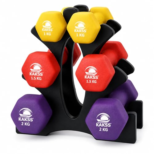 KAKSS Juego de mancuernas de neopreno para ejercicio de gimnasio (fabricado con orgullo en la India, par de 1 kg + 1 5 kg + 2 kg, mancuernas con soporte multicolor) fijas