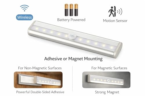 Image of Jackal Wireless Motion Sensor LED Cabinet Light, Battery Operated, Magnetic or Adhesive Mounting, Wardrobe Light for Kitchen, Cupboard, Drawer, Staircase (Batteries Not Included)
