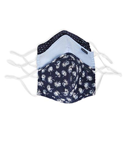 Perry Ellis Reusable Rounded Woven Fabric Face Masks (Pack of 3, Assorted Colors), Navy Print/Chambray, One Size