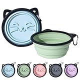2Pack Silicone Collapsible Dog Bowls, Cute Pet Ear Shape and Cat Graphic Travel Water Bowl Full of Pet Atmosphere 25oz Portable Feeder for Small Large Dog Walking Hiking Camping (Light Blue and Green)