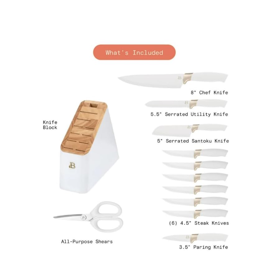 Beautiful 12 Piece Stainless Steel Knife Block Set, Soft-Grip Handles by Drew Barrymore (White Icing)