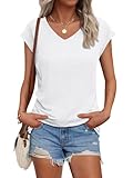 AUTOMET V Neck T Shirts for Women Cap Sleeve Summer Cute Tops Trendy Beach Vacation Clothes Spring Fashion White M