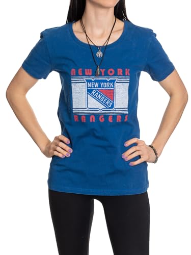 Calhoun NHL Womens Acid Wash Round Neck Block Logo T-Shirt (New York Rangers Large)