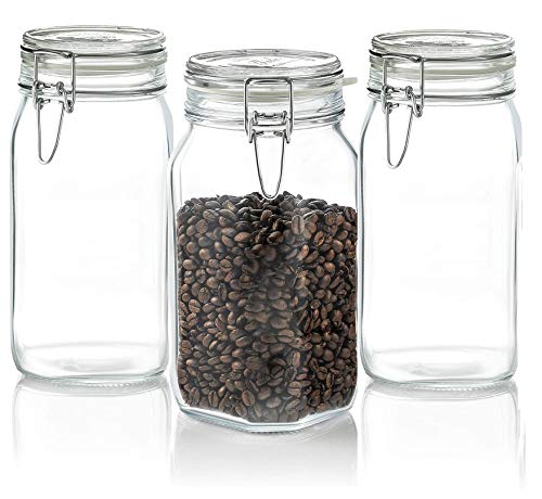 STAR WORK Glass Jars with Airtight Lids and Leak Proof Rubber Gasket,Large Wide Mouth Mason Jars with Buckle Lids for Kitchen Canisters 1500ml,Big Glass Storage Containers (Pack of 3, Square)