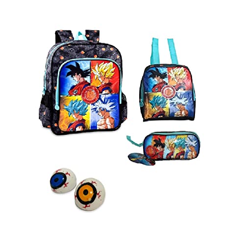 Kit Mochila Costa Lancheira e Estojo Dragon Ball Brinde 2 Anti Estress Olho Splash Gel