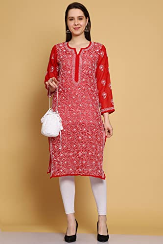 Image of Ada Lucknow Chikankari Hand Embroidered Faux Georgette Kurta Kurti Tunic Dress for Women A95504