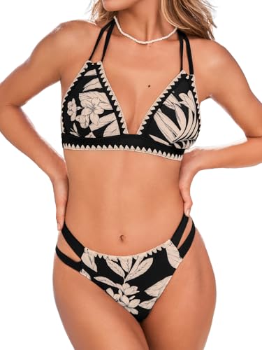 CUPSHE Conjunto de bikini para mujer, traje de baño de dos piezas, cuello halter, cuello en V, gancho trasero, costuras recortadas, parte inferior atrevida, Negro/Rosa Tropical, M