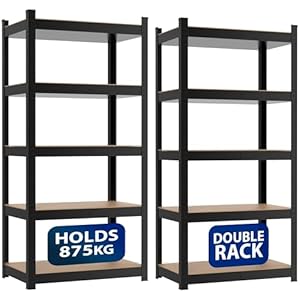 ZENO 5-Tier Garage Shelving Units | Set of 2 Shelving Units | Heavy Duty Garage Shelving | Shelving Units For Storage | Metal Storage Shelves | Easy To Assemble | 875KG Load Capacity (Black, Large)