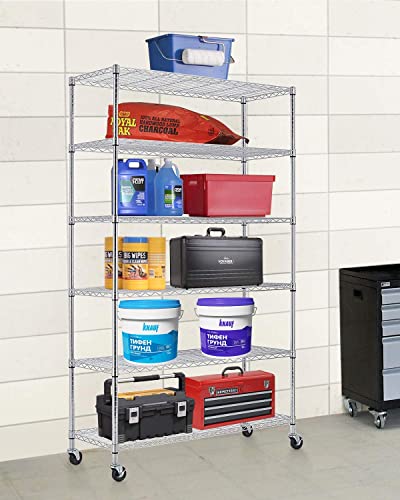 Fdw 18X48X82 Inch Wire Shelving Unit With Wheels Steel 6 Tier Heavy Duty Layer Rack Storage Metal Shelf Garage Organizer Wire Rack Shelving Adjustable Utility 2100 Lbs Capacity (Chrome) #TOP1