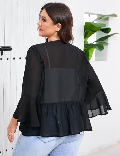 Image of Women's Plus Size Lightweight Chiffon Cardigan Open Front Cover Up Long Sleeve Ruffles Summer Top Casual Beachwear