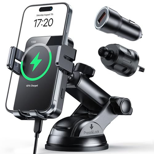 MOKPR Samochodowy uchwyt na telefon komórkowy z funkcją ładowania, 15 W, indukcyjne ładowanie klipsów odpowietrzających/tablicy rozdzielczej/przedniej szyby do iPhone 16/15/14/13, Galaxy S24 itp