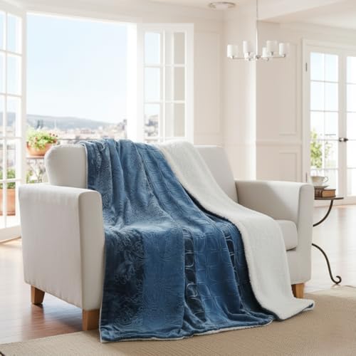 Tache Elegant Reversible Embossed Sherpa Slate Blue Bed Throw Blanket (Blue Gray, 63 x 87 Inch)
