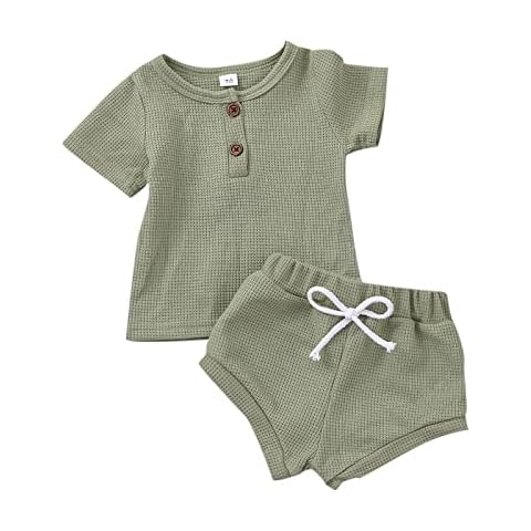 Acuteok Newborn Baby Girls Boys Waffle Knit Outfits Short Sleeve T-shrit Tops Drawstring Shorts Set 2Pcs Summer Clothes (Green,0-3 Months) Cover