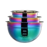 OMGard Mixing Bowl Set of 3 Rainbow 18/8 Stainless Steel Salad Bowl without Lid for Kitchen Cooking, Baking, Food Preparation, Measurement Marks Nesting for Storage Colorful 1.5, 2.5, 4 Liter Metal