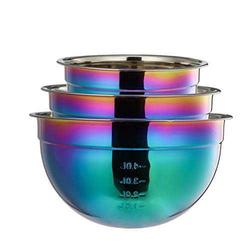 OMGard Mixing Bowl Set of 3 Rainbow 18/8 Stainless Steel Salad Bowl without Lid for Kitchen Cooking, Baking, Food Preparation, Measurement Marks Nesting for Storage Colorful 1.5, 2.5, 4 Liter Metal