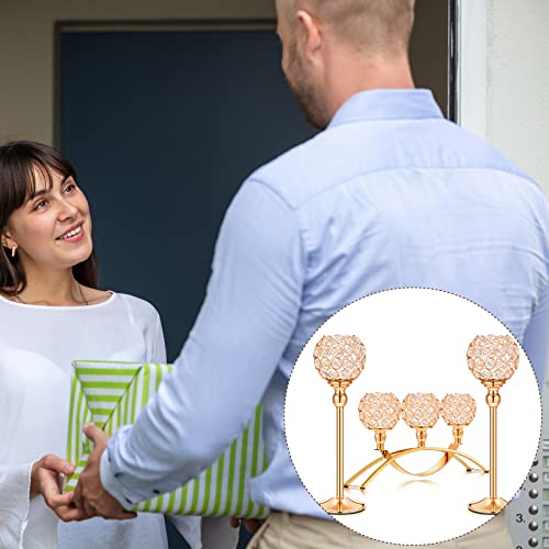 Set Of 3 Pieces Gold Crystal Candle Holders, Tealight Candlestick Candelabra Stand With 3 Arms, Decorative Table Centerpieces Fireplace Home Living Room Decor For Wedding Housewarming Anniversary #TOP5