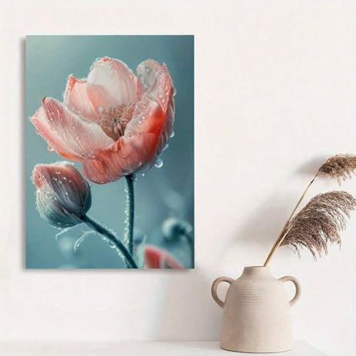 Fleurs gouttes d'eau impression d'art premium 80x110cm avec encadrement or