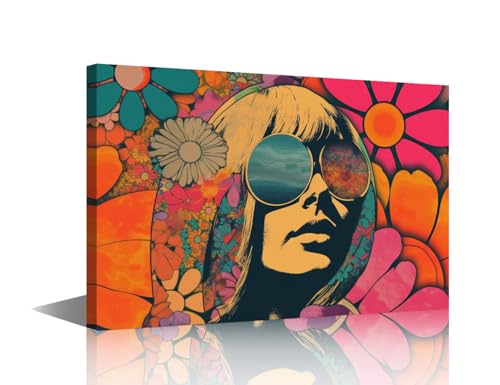 Toile murale bureau style hippie tableau femme rétro encadré