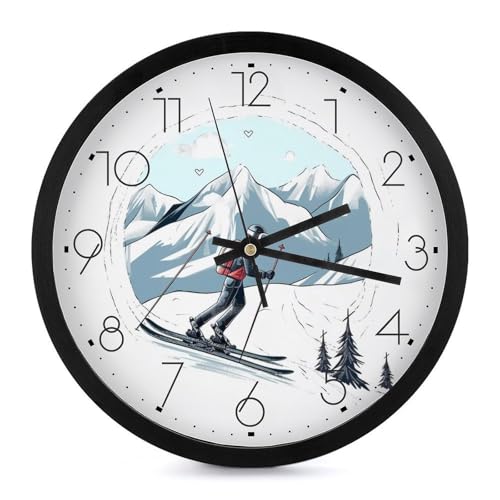 Horloge murale à piles grand format avec chiffres lisibles imprimé ski - 2
