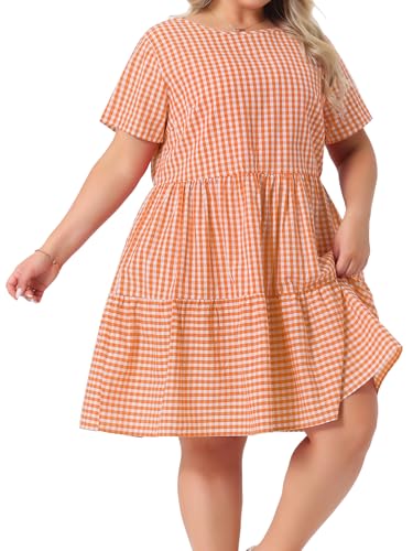 Image of Agnes Orinda Plus Size Gingham Dresses 1950s Vintage Plaid Round Neck Short Sleeve Tiered Midi Summer Dress
