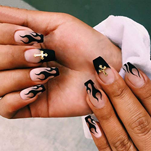 Vogee Fashion Glossy 24Pcs Flame Coffin Square Full Cover Acrylic Fake Nails Tips Party Night Club Clip Press on Acrylic False Nails Kits with Design for Women and Girls (Black)