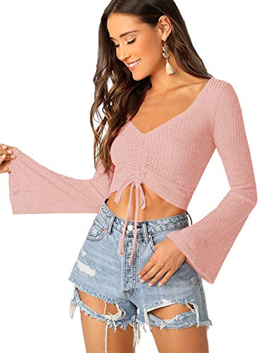 Image of SweatyRocks Women's Adjustable Drawstring String Long Bell Sleeve Rib Knit Sexy Crop Top