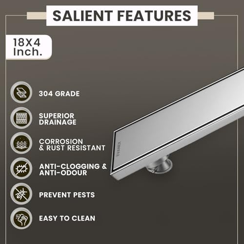 Image of EVANEX Tile Insert Floor Drain | 18x4 Inches Shower Drain Channel | Waste Water Bathroom Drain Channel | 304 Stainless Steel Invisible Shower Drain Channel with Anti Cockroach Trap