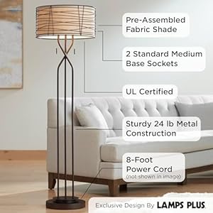 Franklin iron works marlowe industrial rustic farmhouse floor lamp standing 60 12 tall bronze woven iron metal burlap fabric double drum shade for living room reading bedroom office house home  urban country home decor