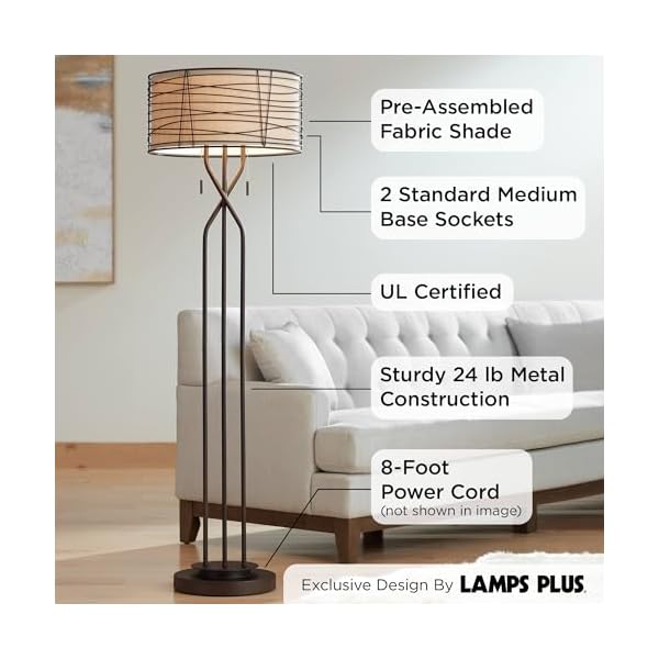 Franklin iron works marlowe industrial rustic farmhouse floor lamp standing 60 12 tall bronze woven iron metal burlap fabric double drum shade for living room reading bedroom office house home  urban country home decor