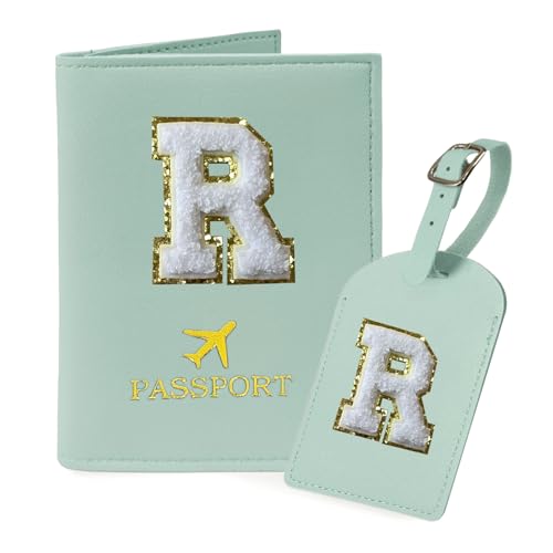 COSHAYSOO Green Passport Cover and Initial Luggage Tag Set TSA Approved with Preppy Chenille Letter Patch for Women Girl Friends, Trendy Travel Bag Backpack Suitcase Identifier Thanksgiving Gifts (R)