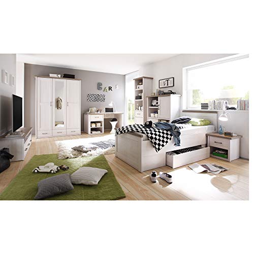 Lomadox Jugendzimmer Komplett Set 7-TLG., Landhausstil, Pinie weiß Nb./Trüffel Eiche Nb.