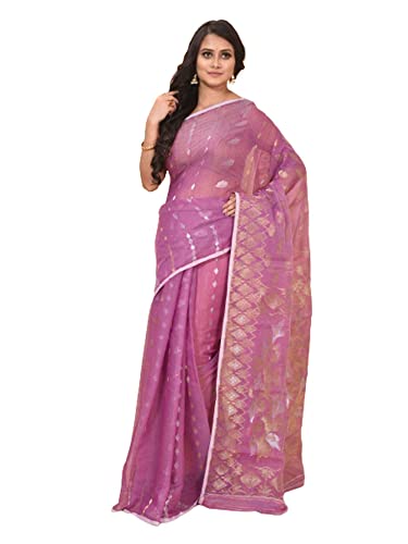 Sari de algodón indio Dhakai Jamdani artesanal con hilos de cobre y plata en color púrpura