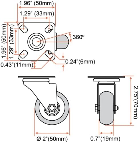 Miniatura 2 de Paquete de 8 ruedas giratorias de poliuretano rojo con capacidad para hasta 1,000 libras