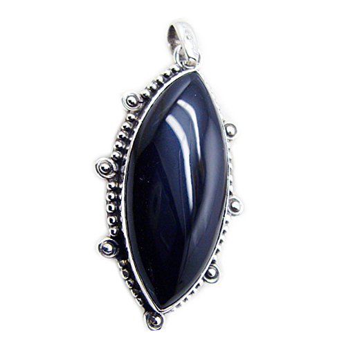 Collier Pendentif Onyx Noir et Argent Massif pour Femme en Taille Marquise