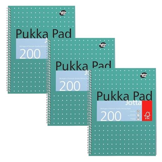 Pukka Pads Metallic Jotta - Cuaderno de espiral doble (3 unidades, A4, 200 hojas microperforadas, 80 g/m², raya de 8 mm, con margen), diseño verde metalizado