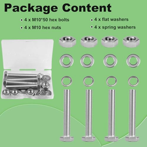 Image of M10x50mm Hex Bolts with Hexagon Nut, Flat Washers, Spring Washers | 4 Sets M10-1.5mm Hexagon Bolt for Caster Wheels Assembly Fully Thread Bolt, 304 Stainless Steel Fastener Set