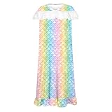 AOSKERA Mädchen Nachthemden Regenbogen Spitze Kurzarm Nachtwäsche Meerjungfrau 7-8 Jahre