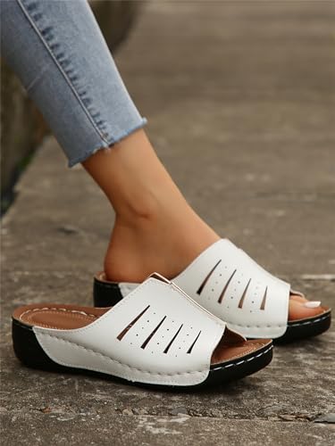 Smoneyful Womens Arch Support Sandals Wide Width Leather Platform Wedge Slip On Lightweight Open Toe Summer Orthopedic Slide Slippers Soft Beach Walking Roman Platform Sandals4
