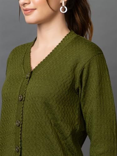 Image of Wear lusso Women's Woolen V-Neck Buttoned Full Sleeve Cardigan Self Design Soft Wool Fabric Winter Wear Pure Wool Sweater with Pockets Stylish Outdoor and Office Wear Girls