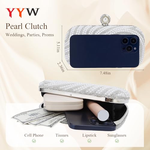 Image of YYW Womens Pearl Clutch Purse Evening Handbags Beaded Bag for Wedding Bride Party with Chain