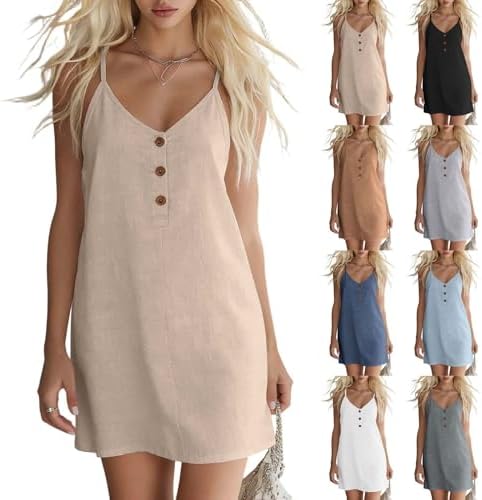 Summer Dresses Women's Adjustable Spaghetti Strap Linen Cami Dress Trendy V Neck Button Down Casual Summer Mini Dresses Fashion Vacation Beige