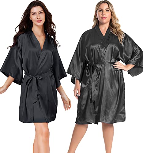 EPLAZA Women Kimono Satin Robe, Silky Dressing Gowns Bride Bridesmaid Robes Short Nightwear for Wedding Party (Black, Tag XXL)