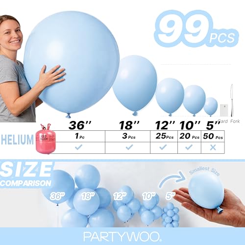 Image of PartyWoo Baby Blue Balloons 99pcs Different Sizes of 36 18 12 10 5 Inch Light Pastel Sky Aqua Blue Balloon Arch Kit Garland for Graduation Baby Shower Gender Reveal Easter Party Decorations Blue-Q13